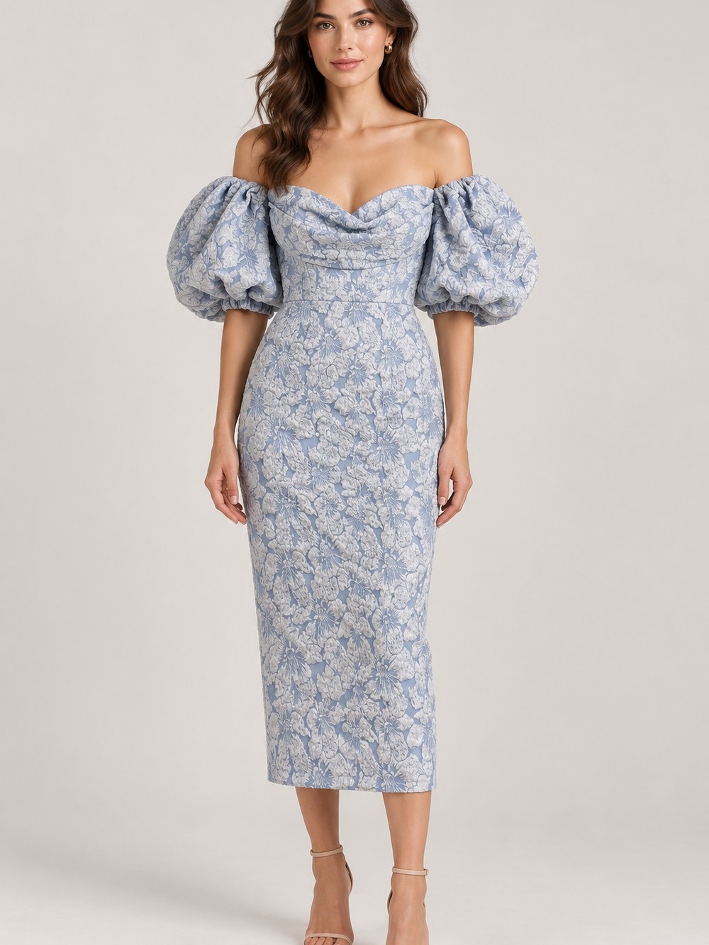 Off-Shoulder Puff-Sleeve Midi Dress in Light Blue Floral